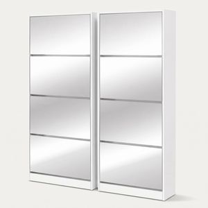Artiss Shoe Cabinet X2 Set Mirror Front 4 Flip Drawers Adjustable Shelves White