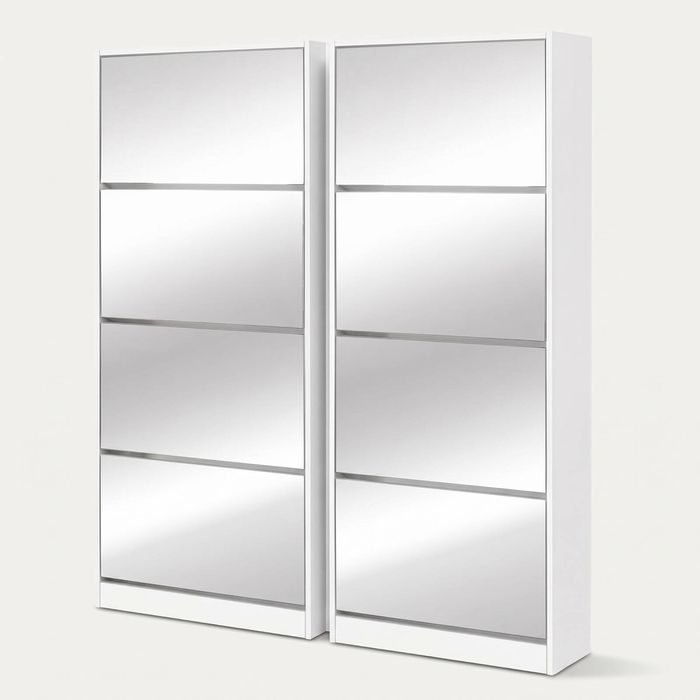 Artiss Shoe Cabinet X2 Set Mirror Front 4 Flip Drawers Adjustable Shelves White
