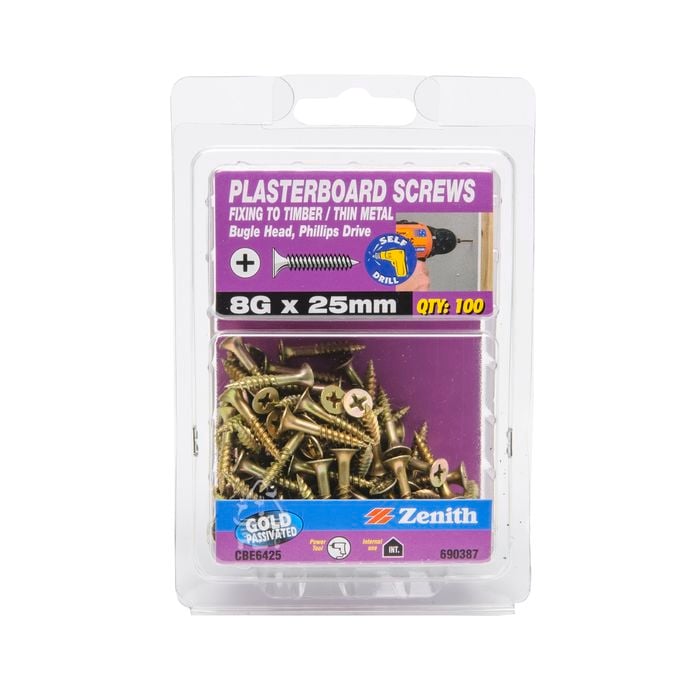 Zenith 8G x 25mm Gold Passivated Bugle Head Plasterboard Screws - 100 Pack