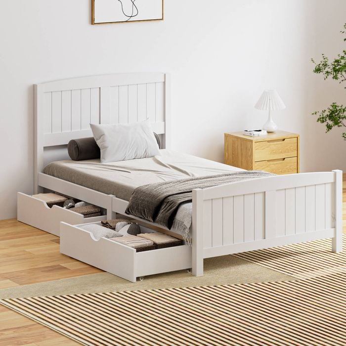 Oikiture Wooden Bed Frame King Single Size with Trundle Drawers White