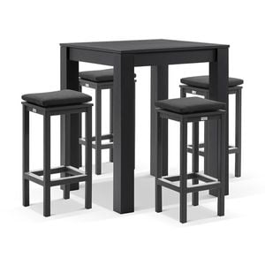 Santorini Outdoor Square Bar Table Charcoal With 4 Avoca Stools & Denim Grey Cushions