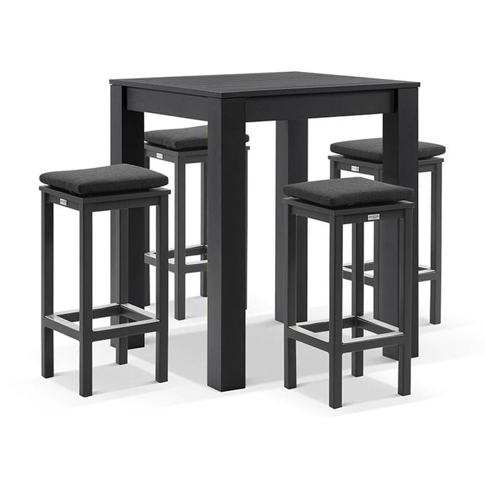 Santorini Outdoor Square Bar Table Charcoal With 4 Avoca Stools & Denim Grey Cushions