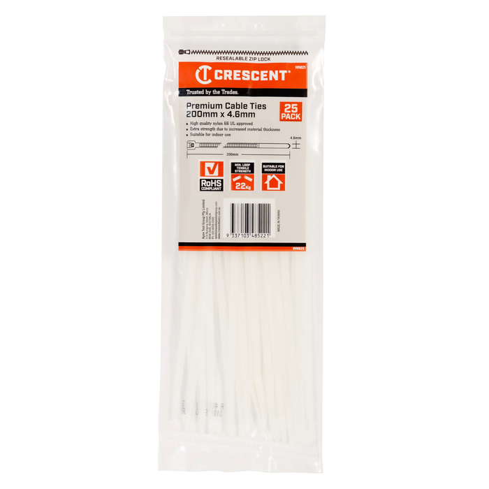 Crescent 200 x 4.8mm White Cable Ties - 25 Pack