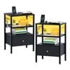 Ufurniture Bedside Table Set of 2 with Fabric Drawer  Charging Station and LED Lights Black