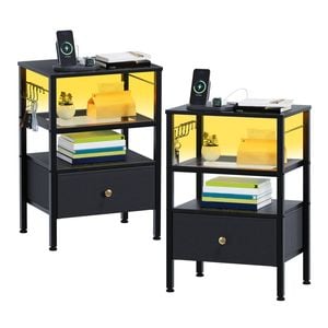 Ufurniture Bedside Table Set of 2 with Fabric Drawer  Charging Station and LED Lights Black