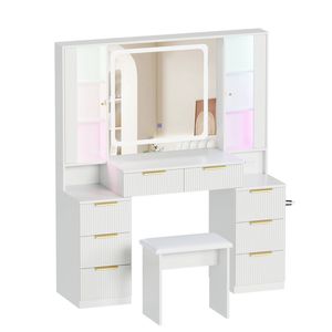 Advwin Fluted LED Vanity Desk with Mirror and Charging Station White
