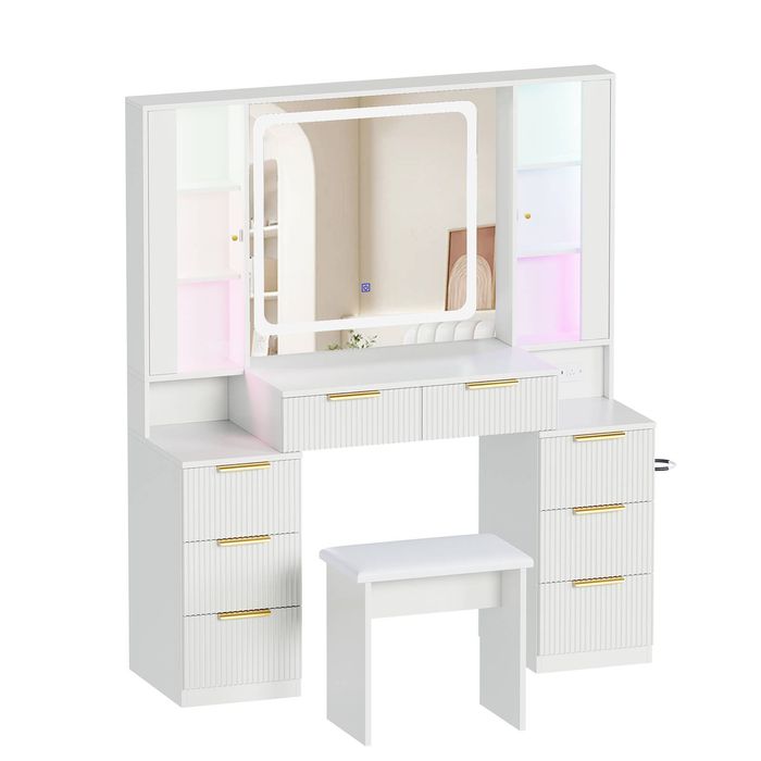 Advwin Fluted LED Vanity Desk with Mirror and Charging Station White