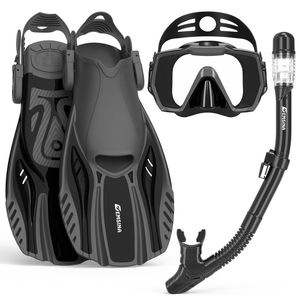 EMSINA E8 Freedom HD Snorkel Set Mask Fin Dry Top Diving Gear Travel Bag ( Black S/M x3)