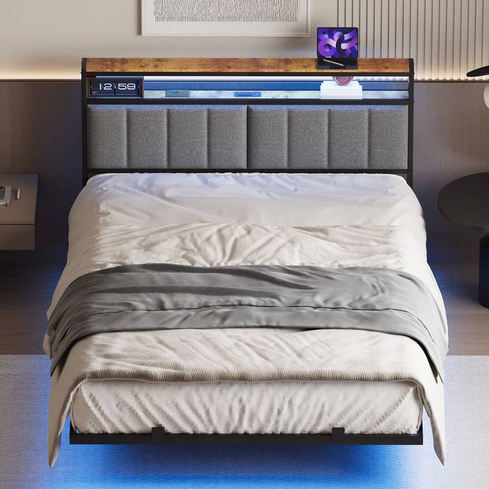 Advwin Double Floating Bed Frame with Headboard LED Light and Charging Station
