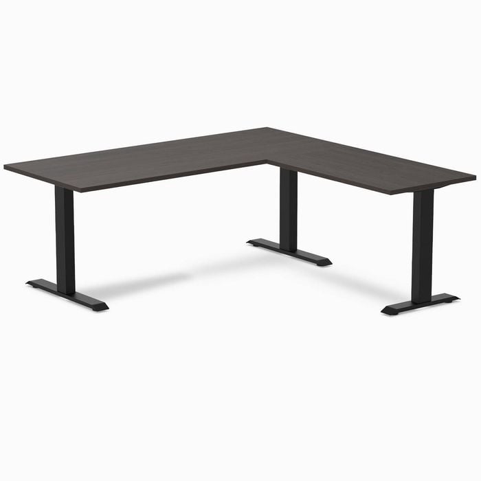 Desky Fixed Height Burnished Wood Melamine L-shape Office Desk 1800x1750mm Matte Black Frame