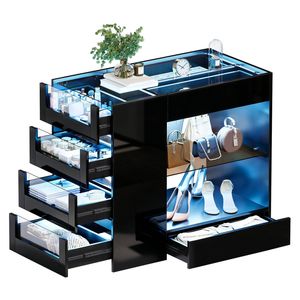 Ufurniture Glossy Closet Island 8 Drawers Glass Tabletop LED Lights Black Wardrobe Jewelry Organizer Walk-in Dresser