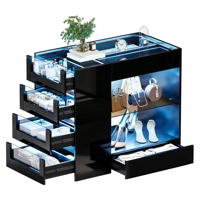 Ufurniture Glossy Closet Island 8 Drawers Glass Tabletop LED Lights Black Wardrobe Jewelry Organizer Walk-in Dresser