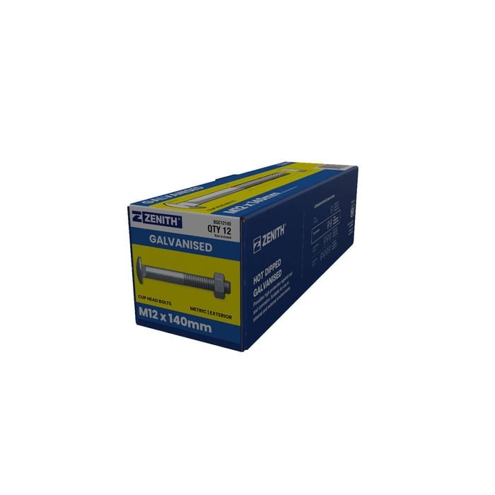 ZENITH M12 x 140mm Hot Dip Galvanised Cup Head Bolts & Nuts - 12 Pack