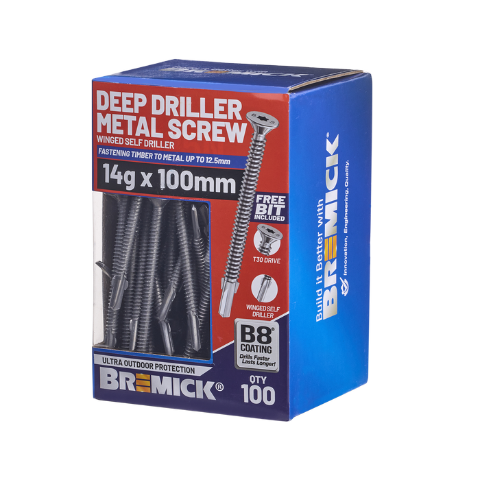 Bremick Metal Deep Driller Screw 14g x 100mm T30 B8 BOX 100