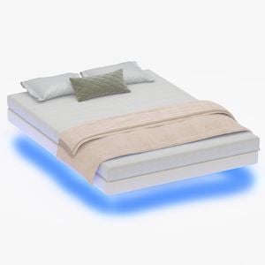 Ufurniture Velvet Floating Bed Frame with LED Lights,Beige Upholstered Platform Bed with Wooden Slats, Double