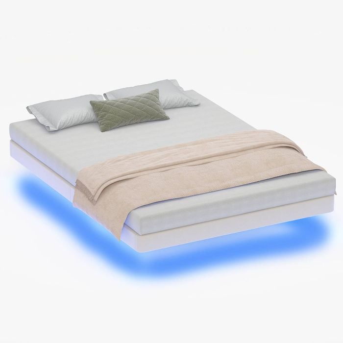 Ufurniture Velvet Floating Bed Frame with LED Lights,Beige Upholstered Platform Bed with Wooden Slats, Double