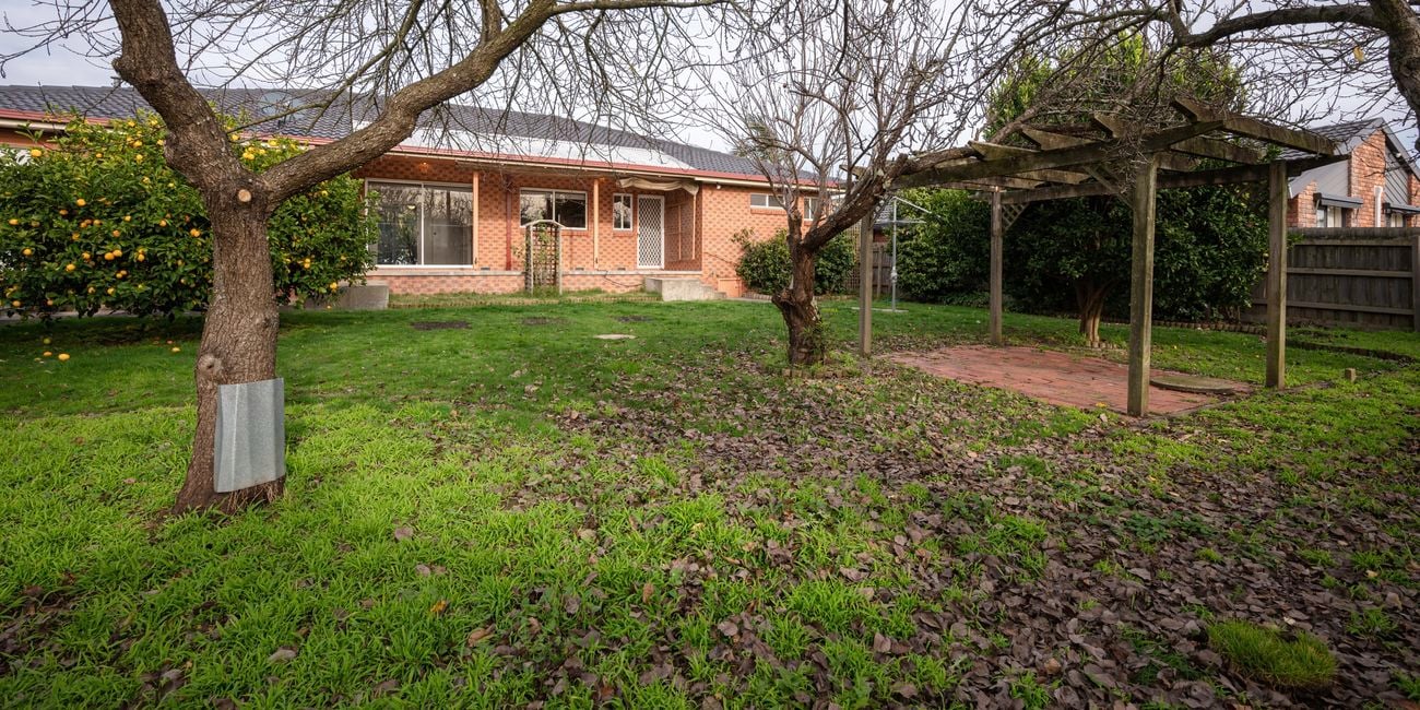 The back of a brick house with a trees in it