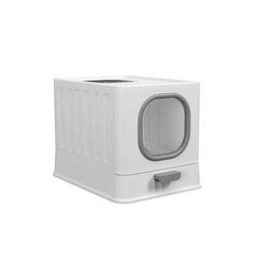 P&P Grey And White Cat Litter Box With Drawer And Dual Entry Design