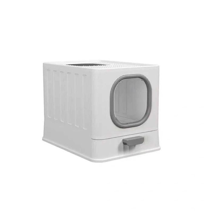 P&P Grey And White Cat Litter Box With Drawer And Dual Entry Design