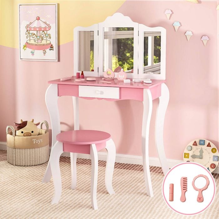Costway 2-in-1 Kids Vanity Table Stool Set w/Storage Drawer