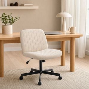 OAKORY Armless Office Chair with Wide Fabric Seat, Reclining Swivel Desk Chair with Wheels, Cross Metal Base Beige