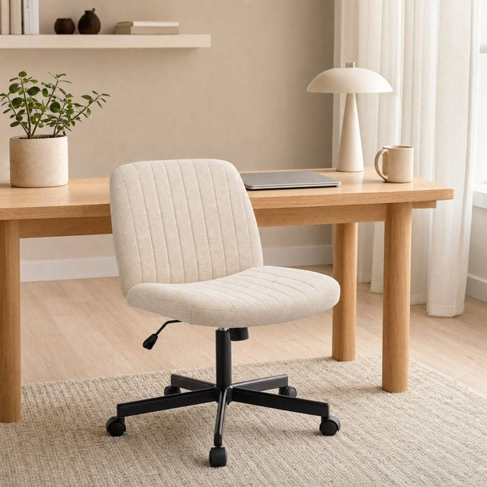 OAKORY Armless Office Chair with Wide Fabric Seat, Reclining Swivel Desk Chair with Wheels, Cross Metal Base Beige