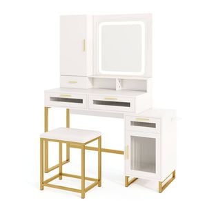 Costway 3-color Led Lighted Dressing Table & Stool W/power Outlets Vanity Set