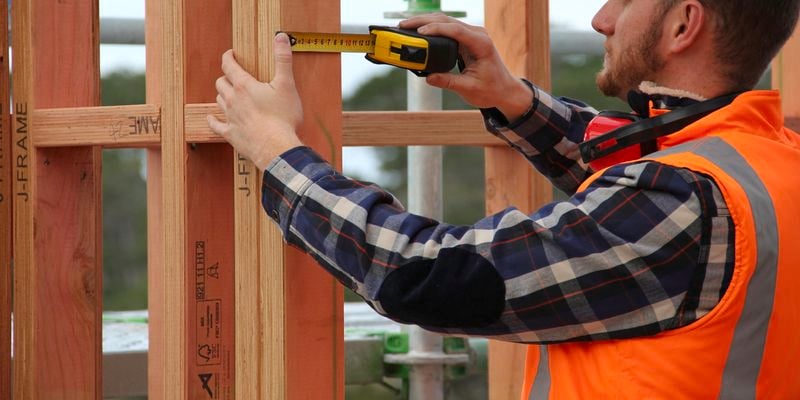A construction worker measuring the width of a building frame