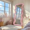 Best World Modern Wavy Teddy Velvet Full Length Mirror 160cm x 60cm Pink Decorative Wall Mirror