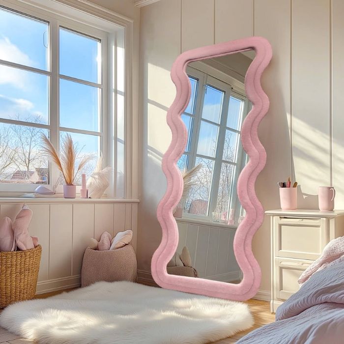 Best World Modern Wavy Teddy Velvet Full Length Mirror 160cm x 60cm Pink Decorative Wall Mirror
