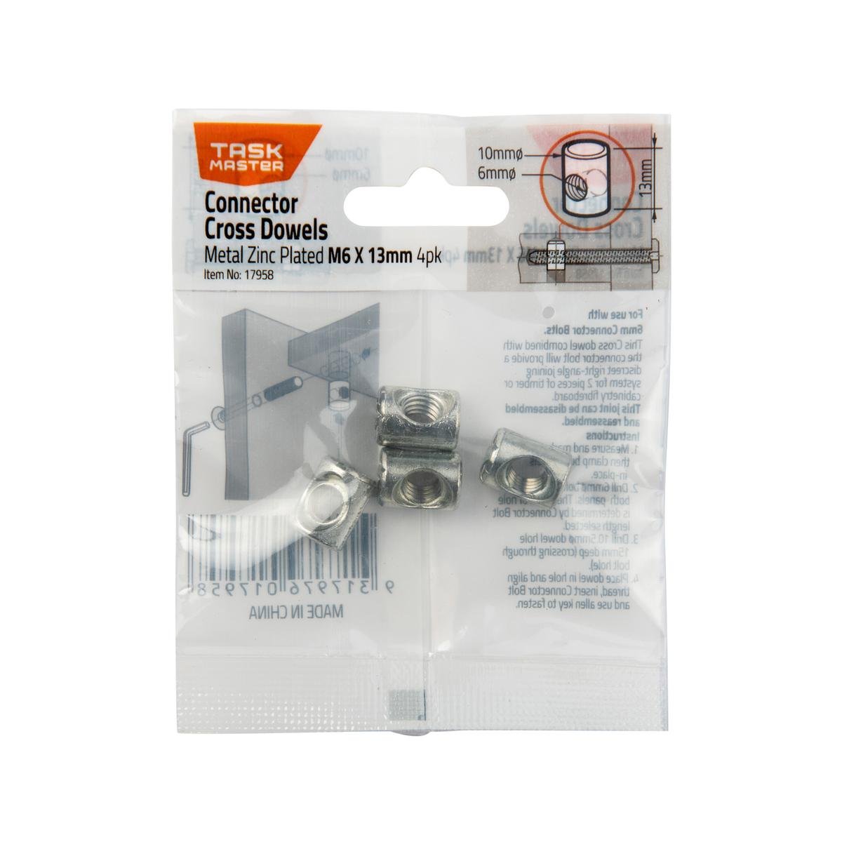 Taskmaster M6 x 13mm Zinc Plated Connector Cross Dowels - 4 Pack - 13mm ...