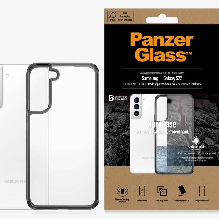 PanzerGlass Samsung Galaxy S22 5G (6.1') HardCase - Smokey Black (0371), AntiBacterial, 2X Military Grade Standard, Wireless Cha