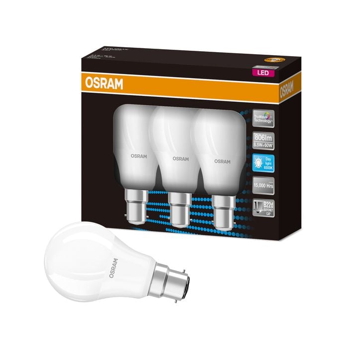 Osram 8.5w A-Shape 806lm B22 DL LED Light Globe - 3 Pack