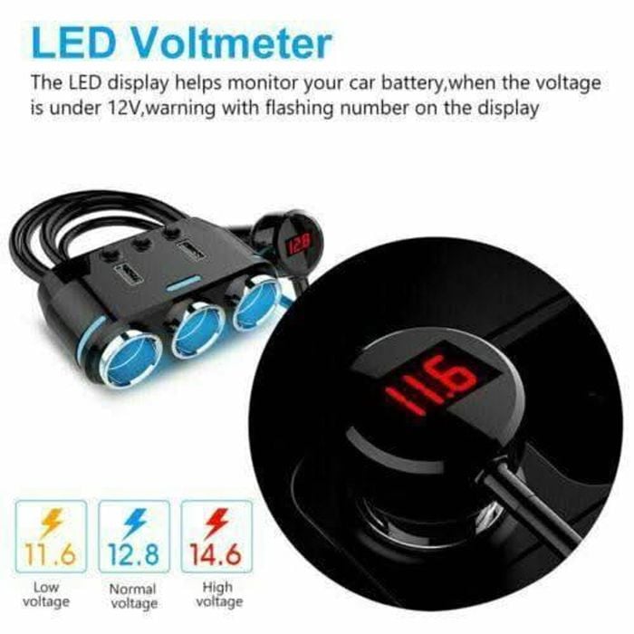 Cigarette Lighter Adapter 3x Multiple Ports + 2 Usb Car Charger