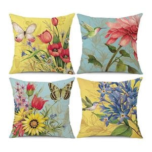 Catzon 4 Pcs Linen Throw Pillow Covers Watercolor Flower for Bed Sofa Decor 45X45cm