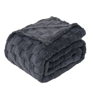 LINENOVA Soft Coral Fleece Checked Blanket Twin Size - Charcoal
