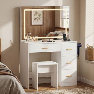 Advwin Makeup Vanity Desk with Large LED Mirror Charging Station White, White