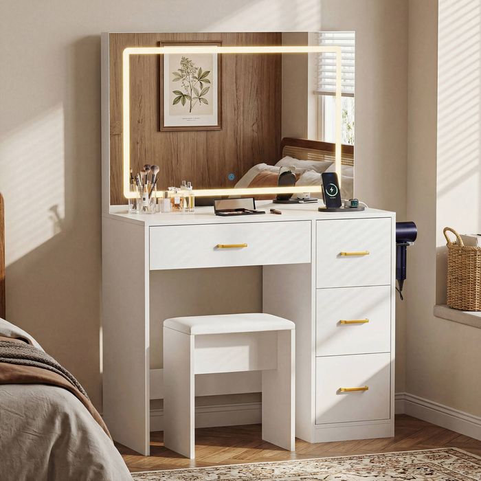 Advwin Makeup Vanity Desk with Large LED Mirror Charging Station White, White