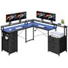 Ufurniture L Shape Computer Desk with Led Lights Power Outlet Corner Gaming Desk with Storage Fabric Drawer and Monitor shelf