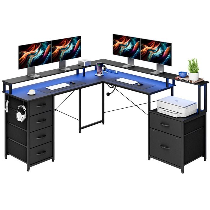Ufurniture L Shape Computer Desk with Led Lights Power Outlet Corner Gaming Desk with Storage Fabric Drawer and Monitor shelf