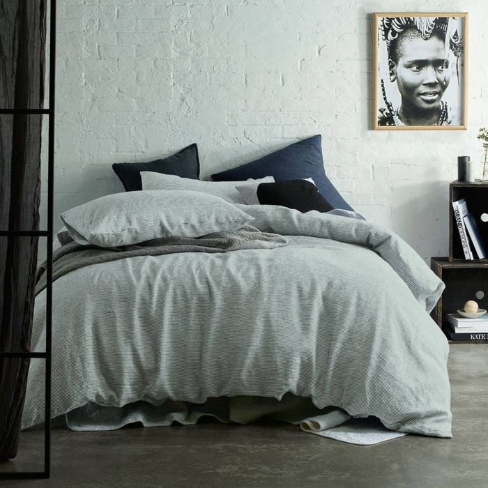 Accessorize Yarn Dye 100% Linen Quilt Cover Set Stripe Light Grey Single