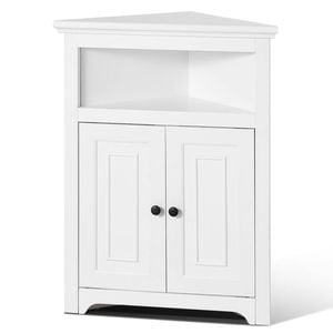 Vevor 81.28 Cm Corner Storage Cabinet White 3 Tiers With 2 Wooden Doors Adjustable Shelves Freestanding