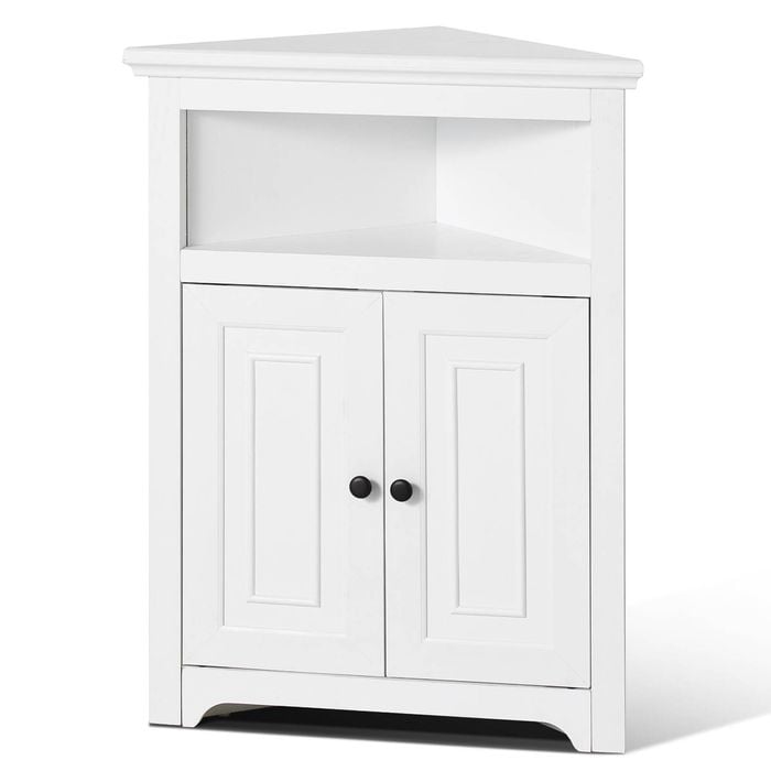 Vevor 81.28 Cm Corner Storage Cabinet White 3 Tiers With 2 Wooden Doors Adjustable Shelves Freestanding