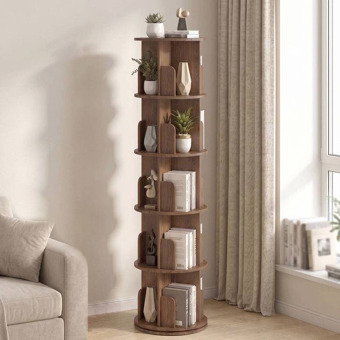 Advwin 5 Tiers Bookshelf Rotating Corner Bookcase Cabinet Revolving Display Stand Rack Brown