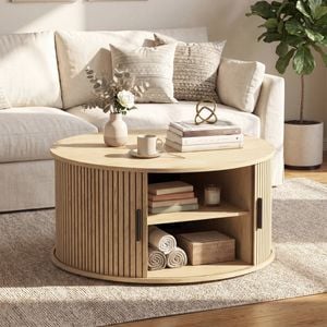 Advwin 80cm Coffee Table with Fluted Sliding Door Retro Round Center Table with 2-Tier Shelf Oak