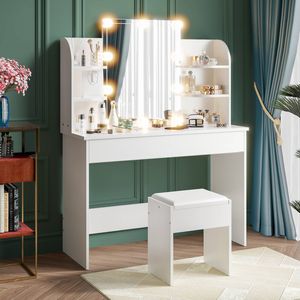 Ufurniture 10 LED Bulb Dressing Table with Open Shelves Drawers White
