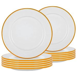 Argon Tableware 25.5cm Enamel Dinner Plates - Yellow Rim - Set Of 12-10inch Large Dish Plates Metal Enamel Tableware Dinner Set