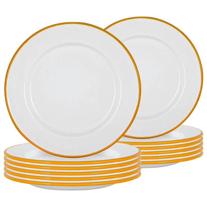 Argon Tableware 25.5cm Enamel Dinner Plates - Yellow Rim - Set Of 12-10inch Large Dish Plates Metal Enamel Tableware Dinner Set