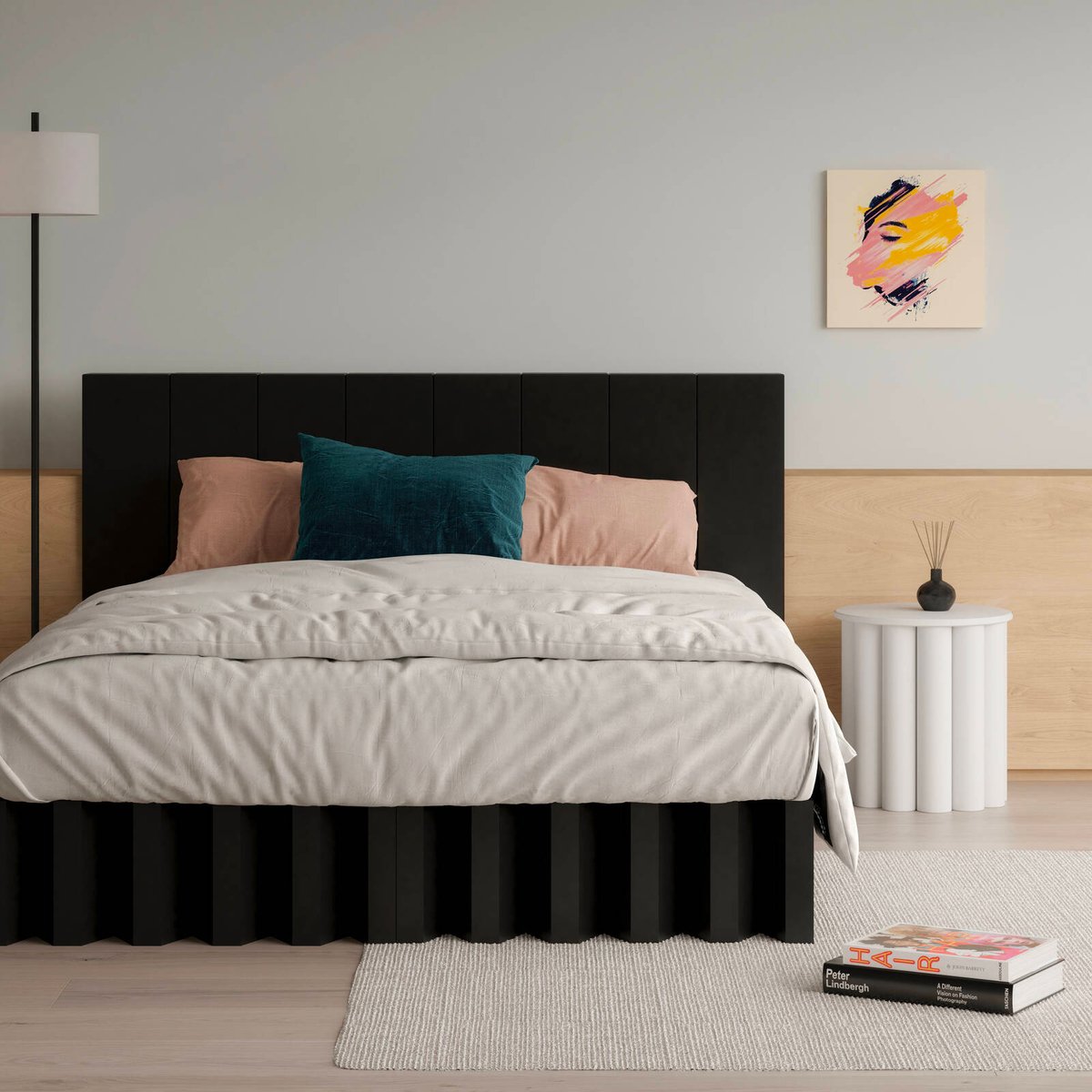 Yona Fold Out Cardboard Bed and Bedhead Bundle - Black King - Bunnings Australia