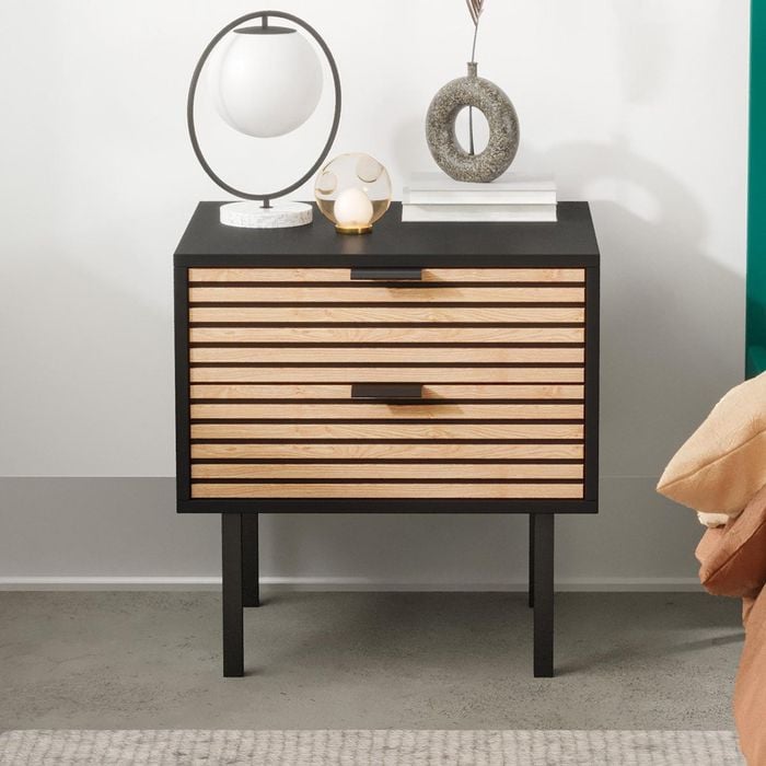 Black Wooden Bedside Table with Slatted Drawers